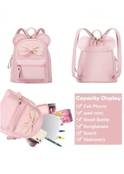 حقيبة ظهر صغيرة أنيقة 1 قطعة للأطفال, مزينة بفيونكة من الترتر وتصميم أذن فأر، مناسبة للبنات، وردي اللون