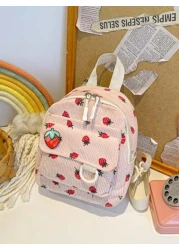 1 Piece Closed Fashionable Japanese Corduroy Stripes Small Fresh College Style Strawberry Pattern Backpack Korean Harajuku Print Small Backpack Suitable For All Occasions Comfortable And Adjustable Sh