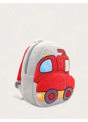1pc Plush Cartoon Fire Truck Pattern Backpack Suitable For 2 4 Years Old Boys Girls Daily Use