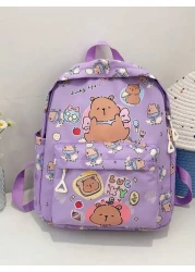 1pc Cute Capybara Backpack Cartoon Animal Print Casual Style Back To School Backpack With Zipper Closure And Adjustable Shoulder Straps Suitable For Campus And Travel