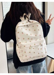 1pc White Nylon Floral Print Dual Zipper Large Capacity Fashionable Versatile Backpack Student Bag