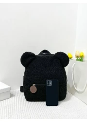 One Piece Boys And Girls Sherpa Bear Zipper Closure Cute Cartoon Backpack Suitable For Daily Use In Autumn And Winter