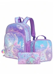 3 حقائب ظهر، حقيبة ظهر مرصعة بالترتر، حقيبة كتف، صندوق غداء، علبة أقلام