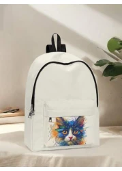 قطعة واحدة حقيبة ظهر صغيرة مطبوع عليها قطة كيوت، مزودة بسحاب إغلاق، جيوب، حقيبة ظهر عصرية للأولاد والبنات، من
