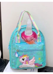 1 Pc New Sequined Material Cute Cartoon Pony Solid Color Girl Backpack Can Be Carried On One Shoulder Smooth Zipper Opening And Closing Sweet And Exquisite Elegant And Stylish Suitable For School Trav
