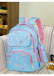 Girls Cute Double Shoulder Bags With Pen Pockets Featuring Rabbit Pattern Accents Commuting And Leisure Backpacks Available In Four Colors Black Blue Pink And Purple Adjustable Straps Large Capacity Z