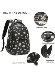 مجموعة ظهر وجراب غداء وحافظة أقلام مزينة بنمط الأقحوان للأطفال 3 قطع، مثالية للمدرسة.