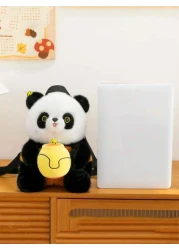 1 Pc New Cartoon Panda Hugging Honey Pattern Plush Material Backpack For Girls And Boys Adjustable Straps Zipper Closure Fashionable And Cute For Travel Shopping Outings And Gifts