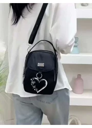 1pc Girl s Girl s Nylon Shoulder Bag With Heart And Butterfly Pattern Casual Mini Crossbody With Adjustable Strap Multi Layer External Headphone Hole Solid Color Secure Zip Closure Small Crossbody Bag