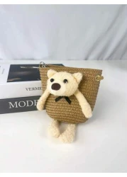 1pc Kids Cute Cartoon Bear Straw Beach Bag Princess Shoulder Crossbody Suitable For Daily Outing