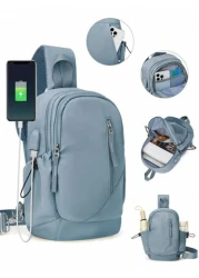 Lightweight Portable Sling Bag Large Capacity Chest Bag With USB Charging Port Multifunctional Side Bag Luxury Shoulder Bag With Multi Pockets For School Students Solid Color Waterproof Travel Crossbo