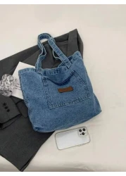 Canvas Shoulder Tote Bag Large Capacity Denim Solid Color Handbag Simple Commuter Handbag