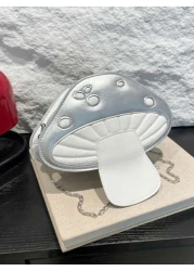 1 قطعة حقيبة رسول من مادة البولي يوريثان ذات لون أحادي على شكل فطر للبنات، مع سلسلة معدنية لحمل الكتف، غلق سحاب