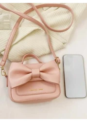 1 قطعة حقيبة يد أنيقة عصرية ذات لون أحادي وزخرفة شريط وردي جميل، حقيبة كتف مربعة صغيرة مصنوعة من جلد PU