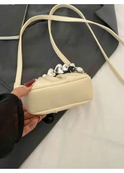 1pc New Fashion Elegant Solid Color Pearl Handbag With Pleats Shoulder Crossbody Bag