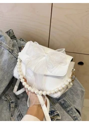 1pc Sweet Bow Solid Color Small Bag Retro Fashion Square Casual Pearl Chain Messenger Bag Cute Elegant Coin Purse Pu Material Flip Cover Magnetic Buckle Applicable Suitable For Daily Use When Out Shop
