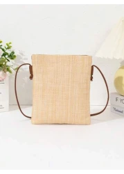 Girl New Straw Woven Bag With PU Strap Lightweight Fashion Adorned With Cute Rabbit Charm Suitable For Beach Travel Street Wear Crossbody Handbag