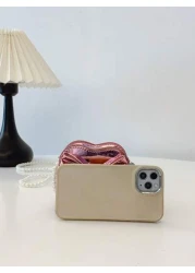 Holographic Pearl Strap Crossbody Bag With Bow Heart Design Girls Shoulder Bag