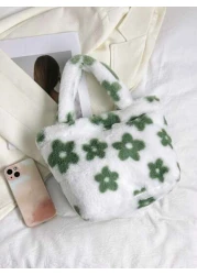 1pc Cute Floral Heart Shaped Plush Handbag Furry Tote Bag For Girls Simple Design Suitable For Daily Commute Random Print