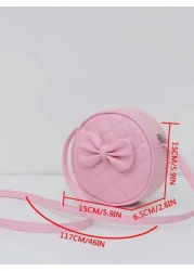 1pc Girl Pink PU Shoulder Bag With Bowknot Decor Fashionable Casual Small Round Crossbody Bag With Zipper Closure Suitable For Daily Use All Season