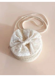 1pc Girls Lace Bowknot Straw Crossbody Bag Kids Coin Purse For Travel Beach