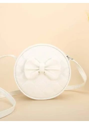 1pc Girl s White PU Shoulder Bag Fashionable Cute Bow Design Small Round Bag With Rhombus Embroidery Fits For Phone And Coins Zippered Closure Suitable For All Seasons