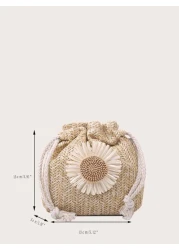 Girls Floral Graphic Drawstring Straw Bag