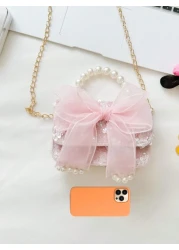 1pc Girls Polyester Cartoon Bow Pattern Crossbody Bag Cute Design For Outdoor Use