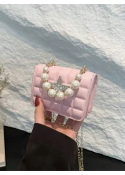 1 قطعة حقيبة مسائية مربعة ذات نجمة خماسية من اللؤلؤ وشبكة الماس، بتصميم فريد مزود بسلسلة كتف، مريحة وقابلة للا