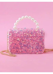 1pc Kids Sparkling Sequin Bow Decor PU Beaded Material Flap Closure Metal Chain Shoulder Strap Cute Beaded Handbag For Girls Sweet Shoulder Crossbody Bag For Snacks Coins Suitable For Christmas Birthd
