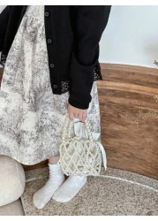 1 Piece Of Girl s Fishnet Shaped Mesh Pearl Drawst Ring Drawstring Closure Fashionable Princess Porta Ble Hollow Beaded Children s Crossbody Bag Suita Ble For Children s Dressing Or Daily Use In Sprin