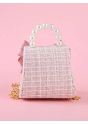 1 قطعة خاصة بالبنات، حقيبة كاجوال ذات غطاء بسلسلة معدنية مزينة بفراشة قماشية كبيرة الحجم، أحرف، لؤلؤ، رينستون