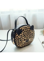 حقيبة جديدة للفتاة بطبعة فهد 1قطعة، حقيبة جلدية اصطناعية للهاتف المحمول بشكل قطة، حقيبة دائرية صغيرة جذابة وع