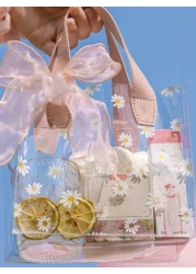 1 حقيبة بلاستيكية شفافة تطبع عليها زهور الأقحوان، حقيبة هلامية مطبوع عليها زهور رقيقة مع فيونكة للهدايا