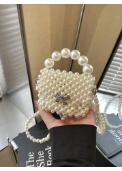 1pc Fashionable Solid Color Bow Pearl Mini Handbag Niche Design Shoulder Messenger Bag Casual Sweet Hollow Mini Change Lipstick Bag Suitable For Teenagers To Travel Shopping Party Date And Daily Use I