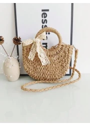 حقيبة كتف واحد رسمية عصرية قابلة للسحب من أعلى، قطعة واحدة، زخرفة فراشة مضفورة، حقيبة قش للفتاة بطراز شاطئي