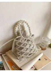 1PC French Retro Fairy Bag Woven Beaded Bucket Bag Hand Held Crossbody Bag Early Spring Pearl Bag Niche Design Hollow Pearl Bag Perfect Gift For Girls Suitable For Daily Use Random Style