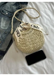 حقيبة كتف/متقاطعة بمقبض منسوج مطرز بالأحرف، حقيبة شاطئ/عطلة