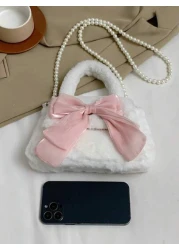 1 Pc Cute Mini Kids Pink Big Bow Soft Plush Handbag Fall Winter Pearl Shoulder Strap Crossbody Bag Lightweight Square Bags For Girls Students For Festivals Vacation Holiday Fashion Accessory