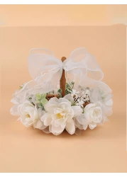 1 قطعة سلة زهور الفتاة الحسناء بشريط فراشة للأعراس، سلة رثاء أوراق زهور فتاة الزفاف المنسوجة