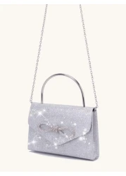 Glittering Evening Bag With Rhinestone Bow Decor Detachable Chain Strap Shoulder Bag Elegant Solid Color Party Clutch