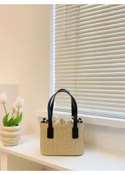 حقيبة كتف من القش المنسوج للفتيات، حقيبة كاجوال مربعة صغيرة بسيطة وعصرية