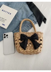 Girls Bow Straw Handbag Mini Woven Basket Bag Vacation Style