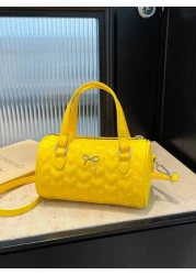 1 Pc New Design Girls Solid Color Heart Quilted Pattern Pu Material Barrel Shaped Handbag Adjustable Detachable Shoulder Strap For Crossbody Or Hand Carry Zipper Closure Stylish And Versatile For Outi