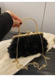 1pc Sweet Handbag Clip Opening And Closing Chiffon Three Dimensional Flower Evening Bag Champagne Color Ladies Cheongsam Bag Handmade Dress Bag Chain Decoration Bag Handbag Exquisite And Versatile Sui