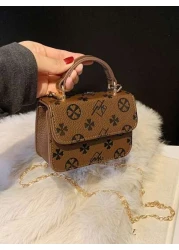 1 Piece Of Fashionable And Simple Printed Cute Handbag Letter Embossed Versatile Mini Handbag Small Square Bag Fashionable Lipstick Bag Pu Material With Fashionable Chain Shoulder Strap Magnetic Buckl