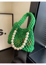 1pc Handbag Open Top Opening And Closing Niche Pearl Hollow Design Bag For Girl New Summer Fashion Braided Small Bag Casual And Versatile Beach Bag Suitable For Daily Outings And Vacations A Perfect G