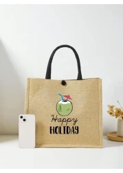 1 Pc Simple Linen Summer Element Print Tote Bag For Big Children Large Capacity Travel Bag Square Bag Gift Bag Shopping Bag Portable Button Closure Handbag For Daily Class And Back To School Shopping