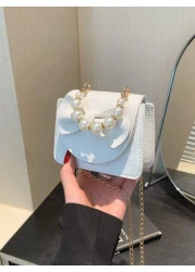 1 Piece Pu Magnet Closure Fashion Sweet Lychee Pattern Faux Pearl Bow Handbag Niche Design Highly Attractive Chain Mini Shoulder Crossbody Change Lipstick Bag Suitable For Teenagers Travel Shopping Pa