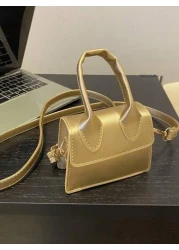 1 حقيبة يد صغيرة لون أحادي من جلد البو لي يوريثان، إغلاق قابل للطي، طراز موضة رجعية ذات حمّالة وكتف، مناسبة للا